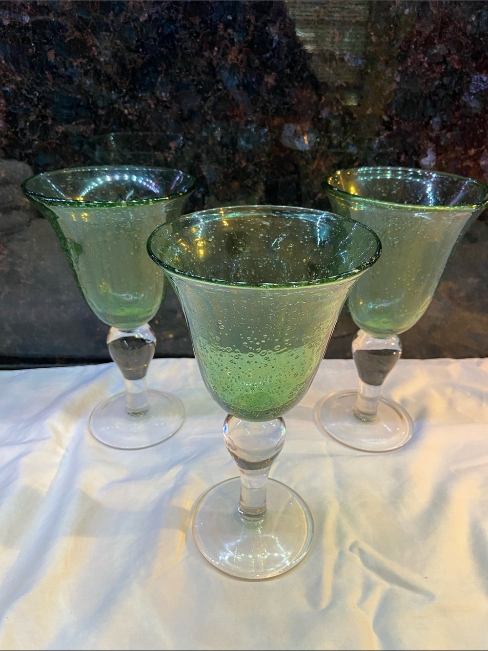 Set of 3 Artland Sage green Water or Wine Goblets Glasses Bubble glass